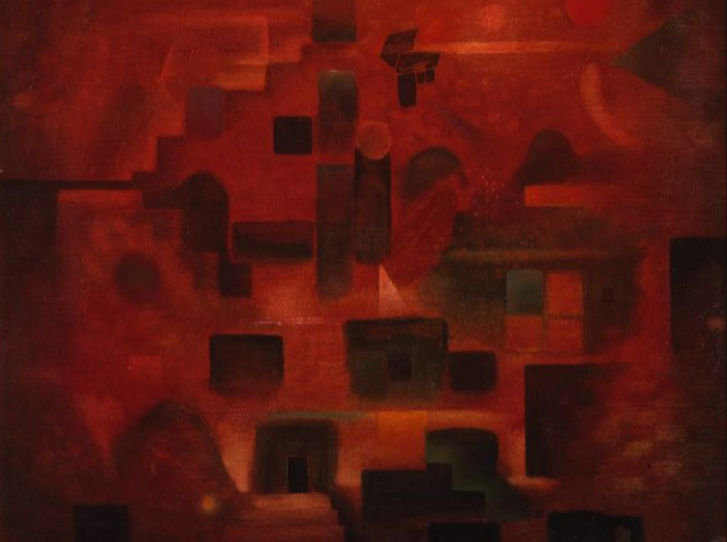 Pintura abstracta amb tons vermells i formes geomètriques superposades en una composició densa i fosca