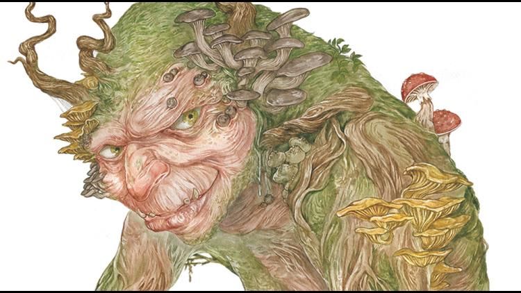 Il·lustració d'una criatura fantàstica amb rostre format d'arrels, escorça i fulles, amb bolets sobre el cos