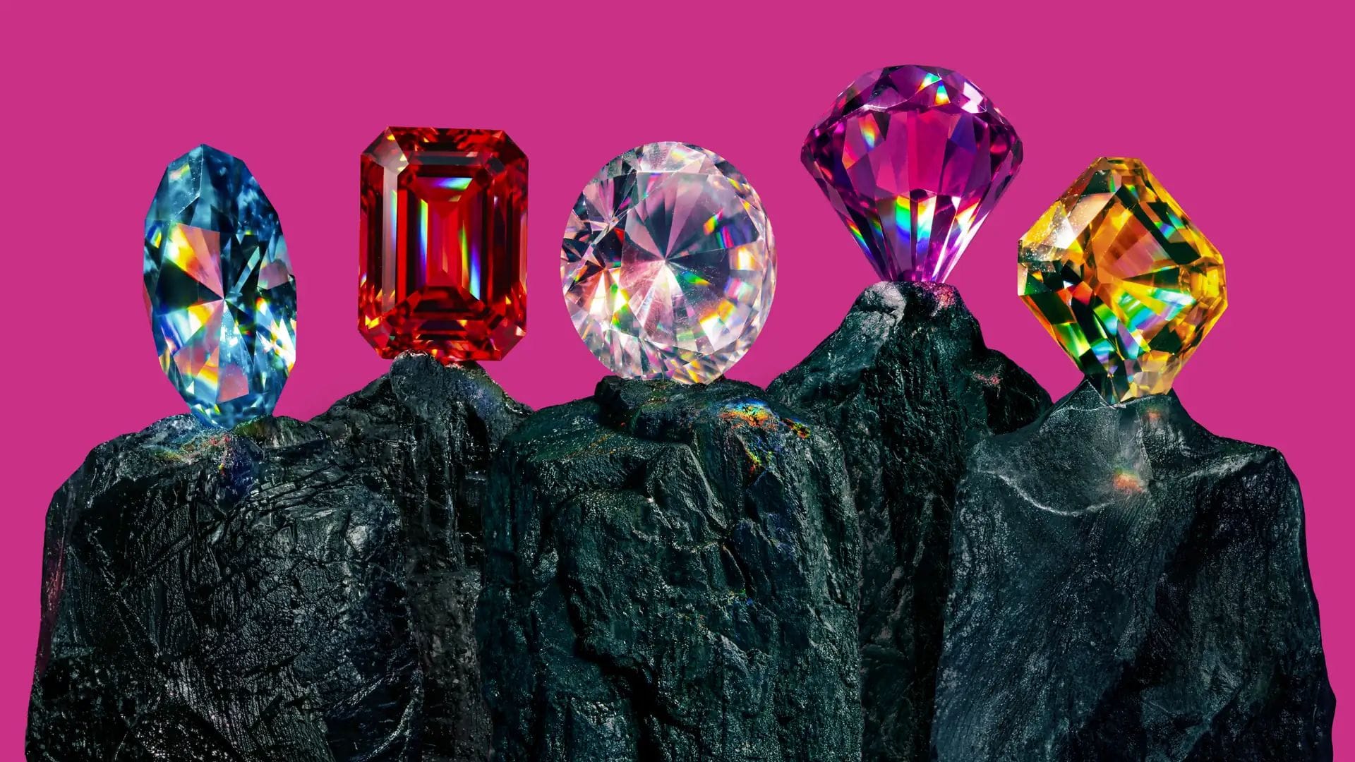 Cinc gemmes tallades de colors (blau, vermell, rosat, multicolor i ambre) sobre pedestals de roca fosca davant un fons magenta viu.
