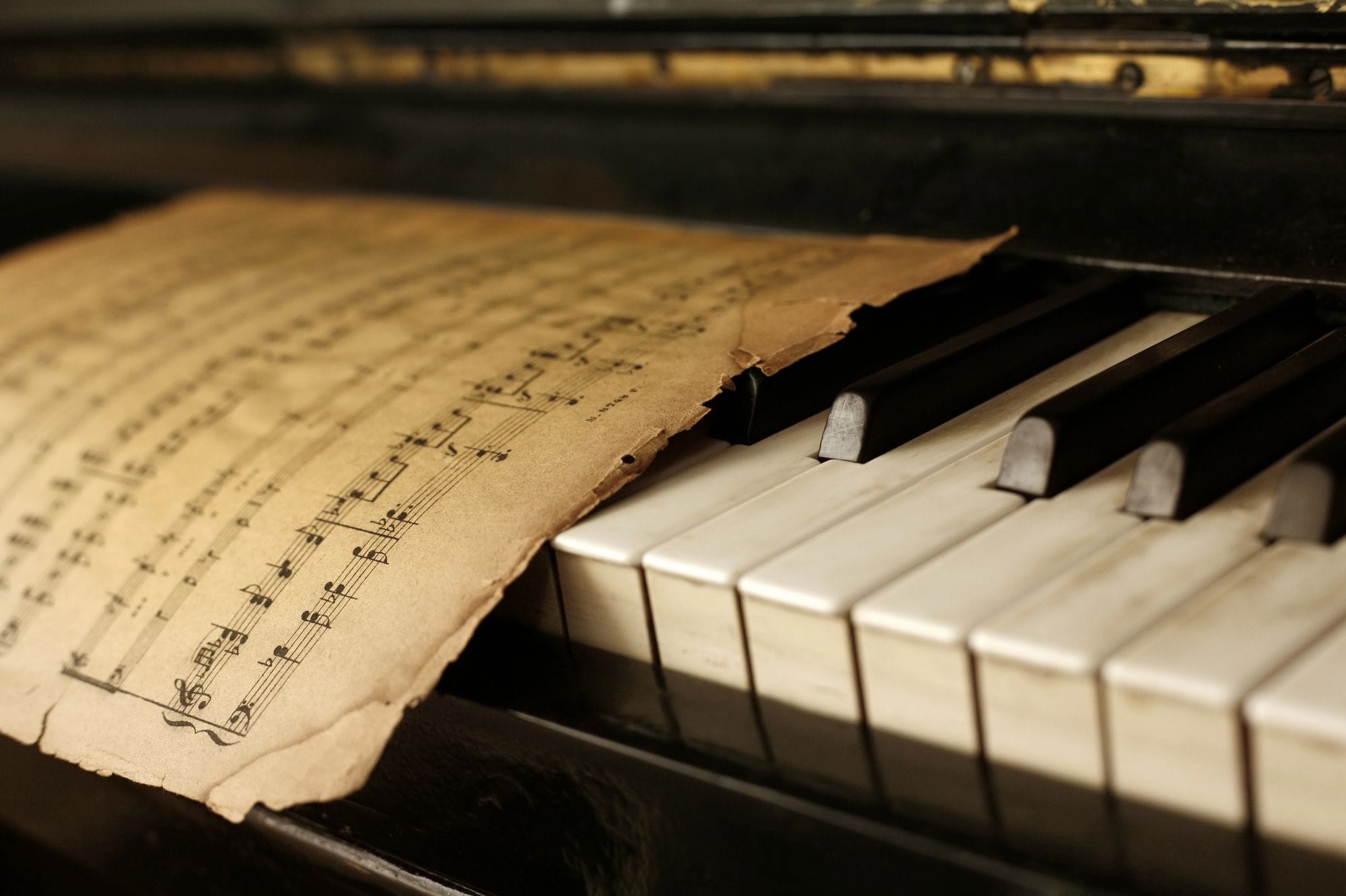 Primer pla de les tecles d'un piano amb una partitura manuscrita i envellida recolzada a sobre.