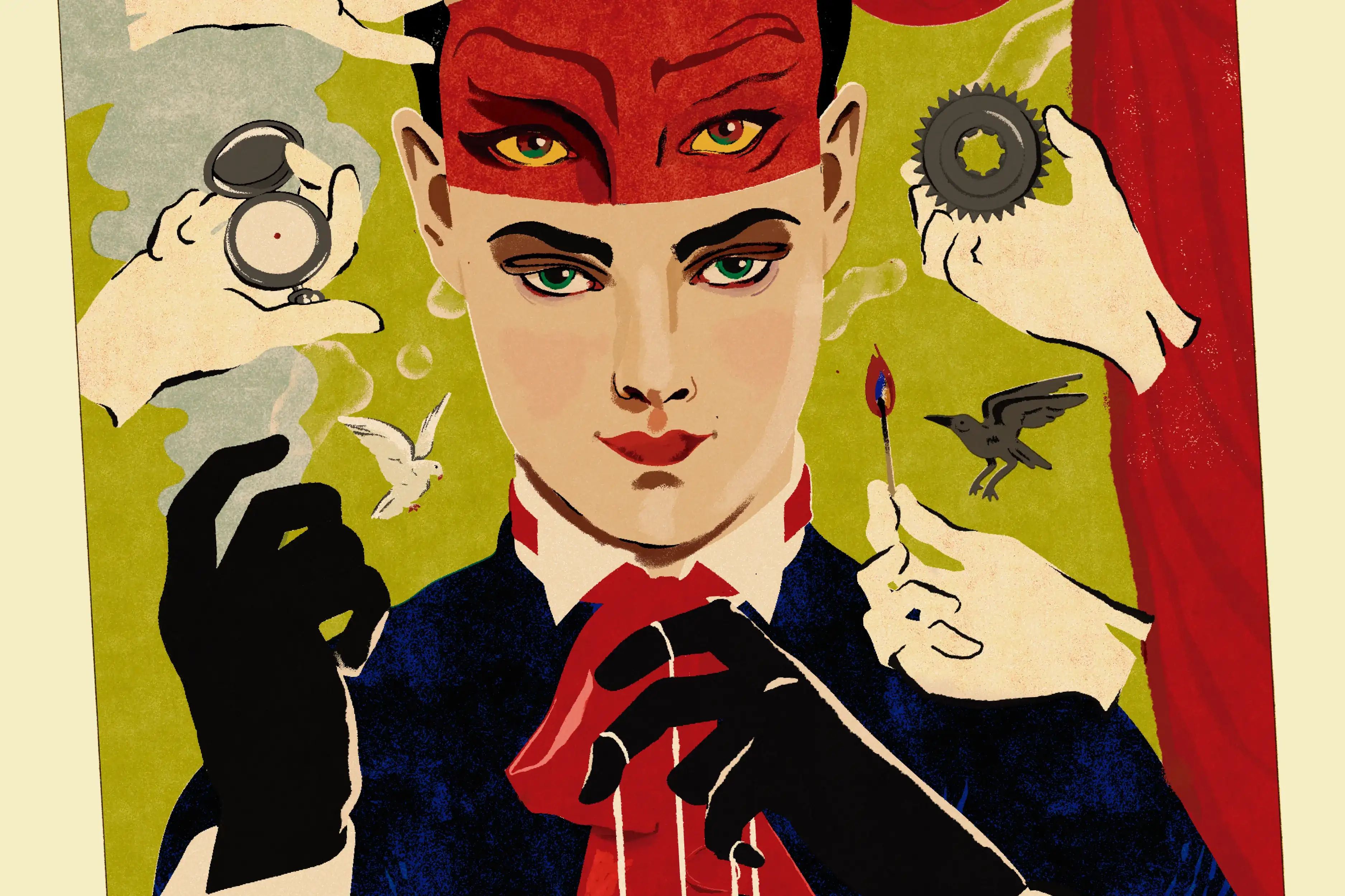 Il·lustració estil cartell vintage amb una figura estilitzada de trets diabòlics envoltada de mans que sostenen objectes petits com monedes i un ocell.