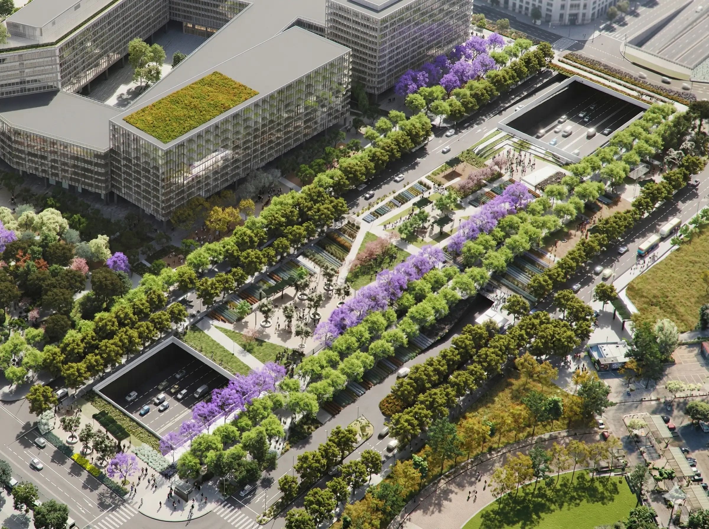Render de la cobertura de la Granvia amb el futur BioClúster i el bosc urbà