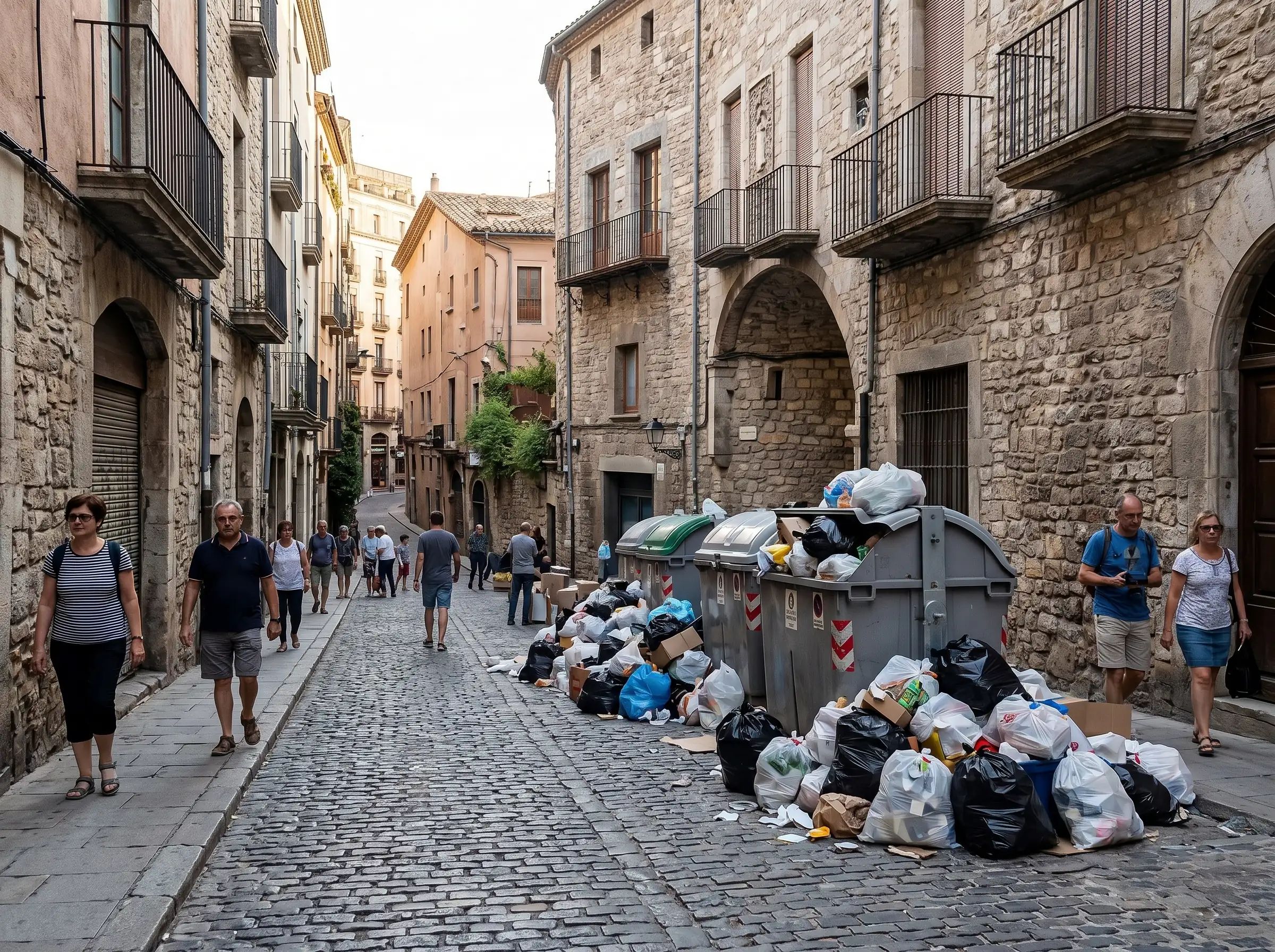 La huelga de limpieza llena Girona de basura y amenaza el arranque de Temps de Flors