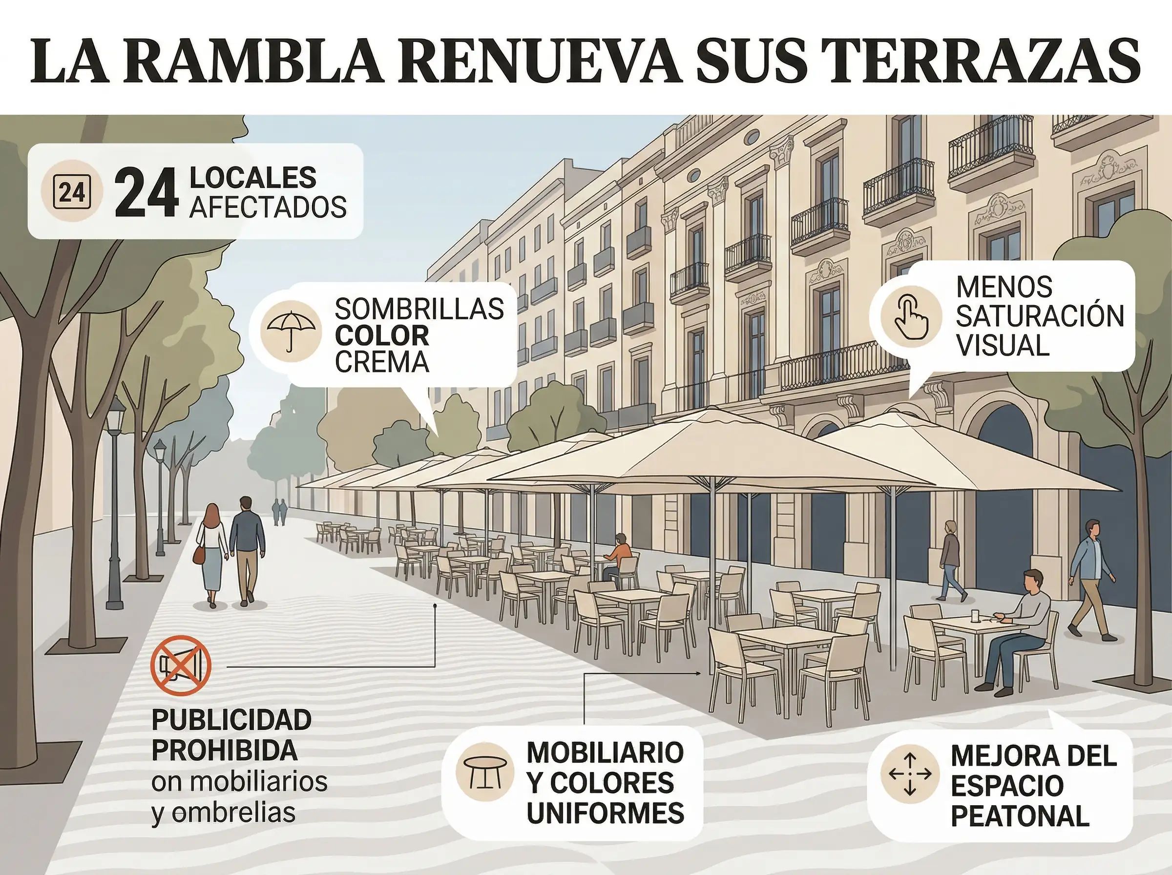 La Rambla obligará a unificar terrazas en Barcelona con mobiliario común y sin publicidad