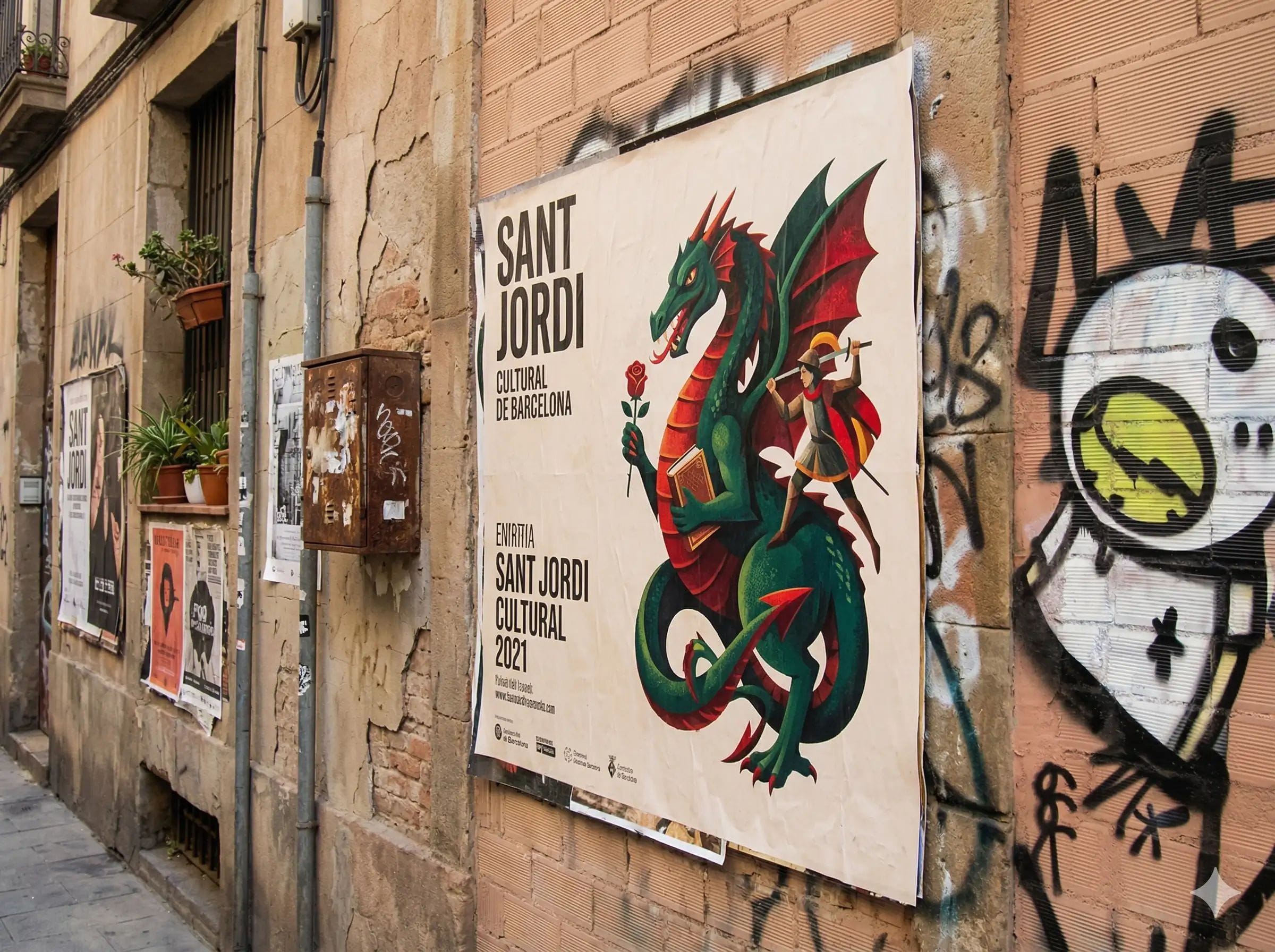 Barcelona estrena los carteles de Sant Jordi con un dragón que devora libros y el sello urbano de TVBoy