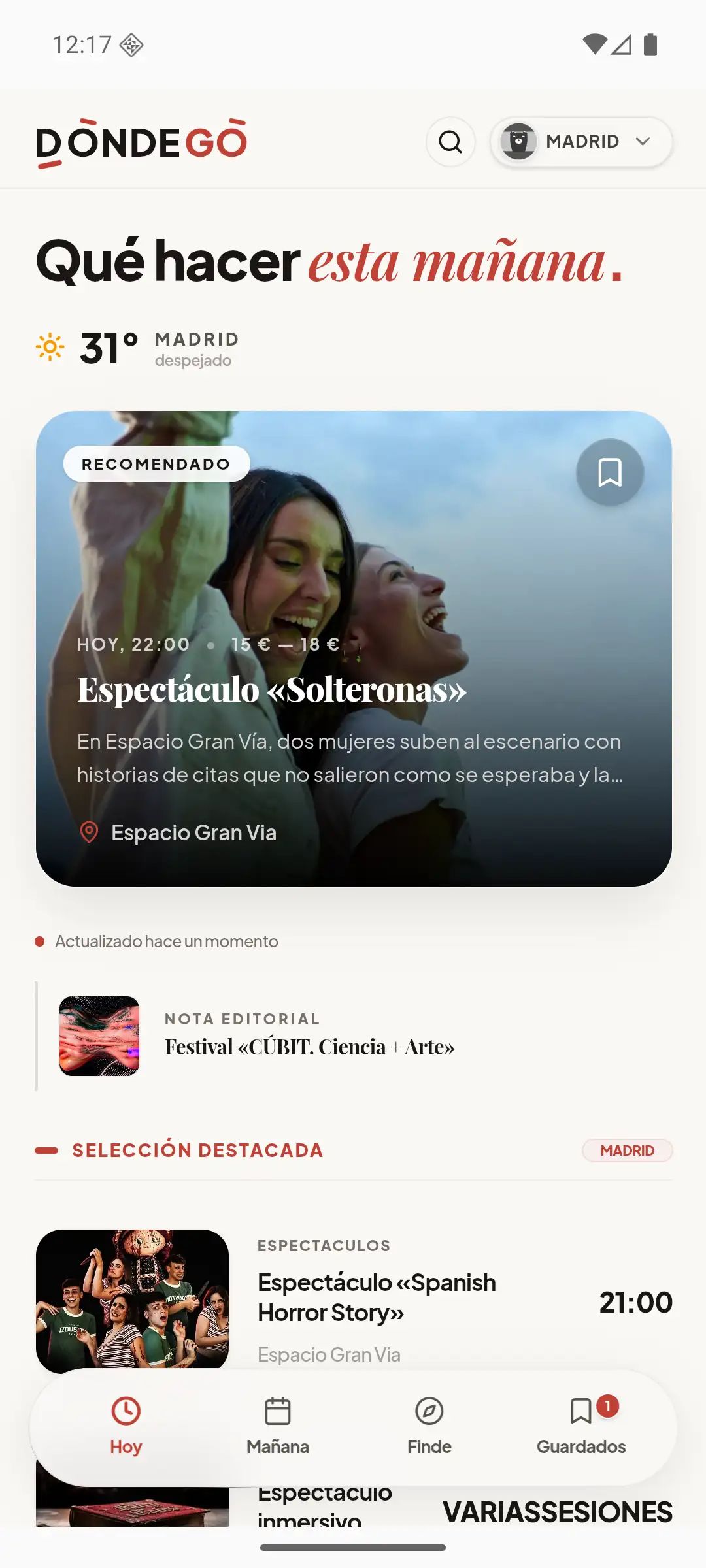 Pantalla de DondeGo con planes y eventos de hoy en Madrid