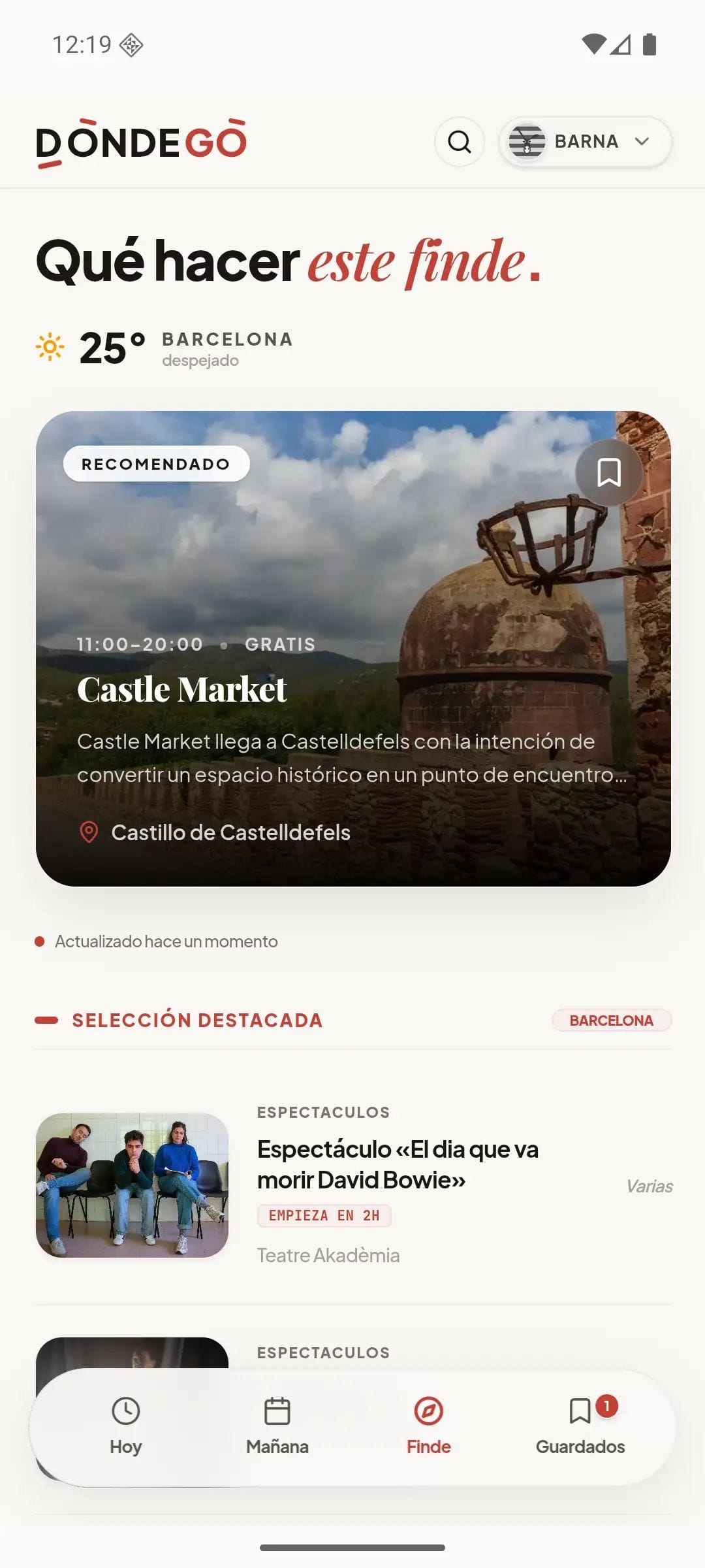 Pantalla de DondeGo con planes de fin de semana en Barcelona