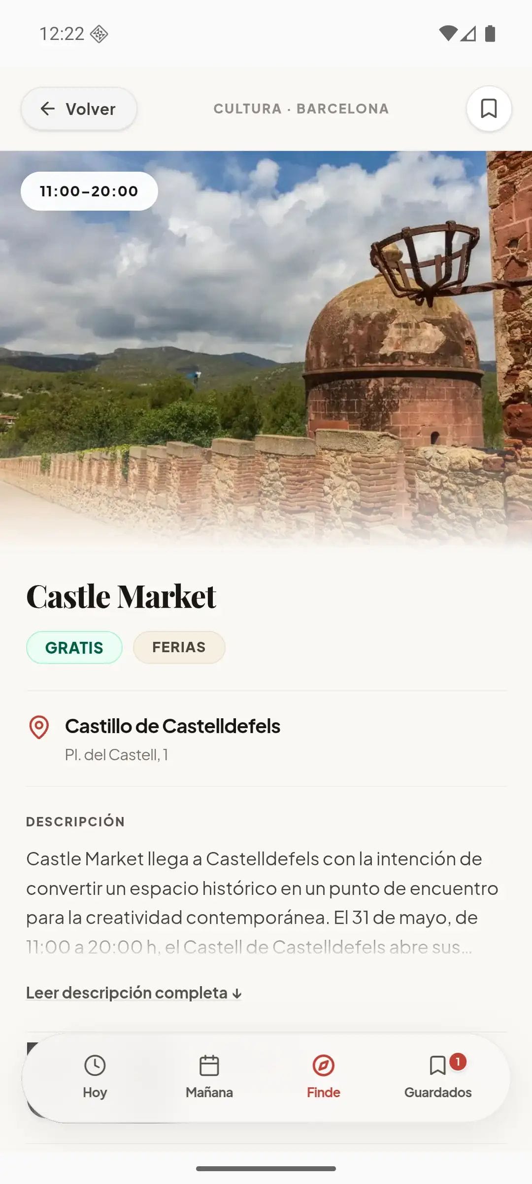 Ficha de evento en DondeGo con horario, lugar, precio y descripción