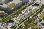 Render de la cobertura de la Granvia con el futuro BioClúster y el bosque urbano