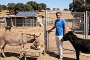 Un voluntario en el santuario de animales Salvando Peludos, en Villamanta