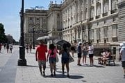  Varias personas se protegen del sol frente al Palacio Real en Madrid